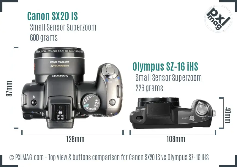 Canon SX20 IS vs Olympus SZ-16 iHS top view buttons comparison Canon SX20 IS vs Olympus SZ-16 iHS top view buttons comparison