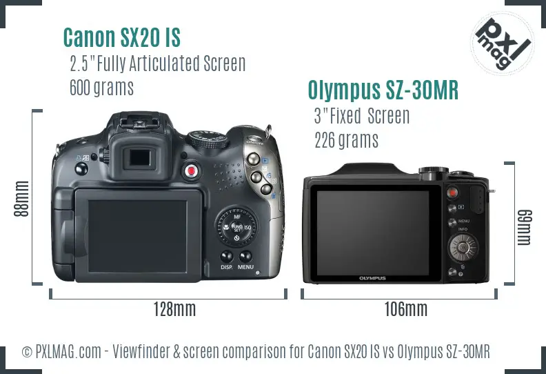 Canon SX20 IS vs Olympus SZ-30MR Screen and Viewfinder comparison