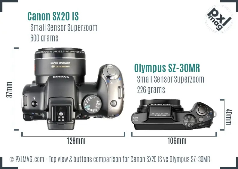 Canon SX20 IS vs Olympus SZ-30MR top view buttons comparison