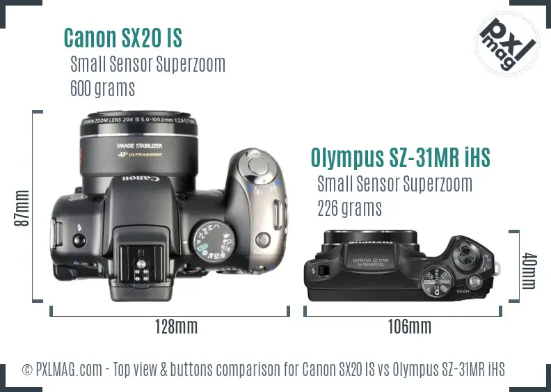 Canon SX20 IS vs Olympus SZ-31MR iHS top view buttons comparison