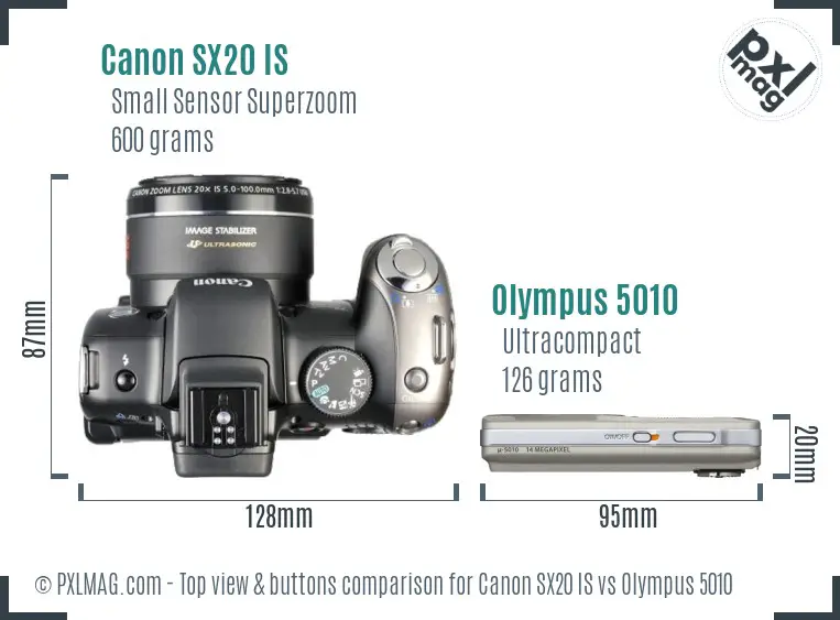 Canon SX20 IS vs Olympus 5010 top view buttons comparison