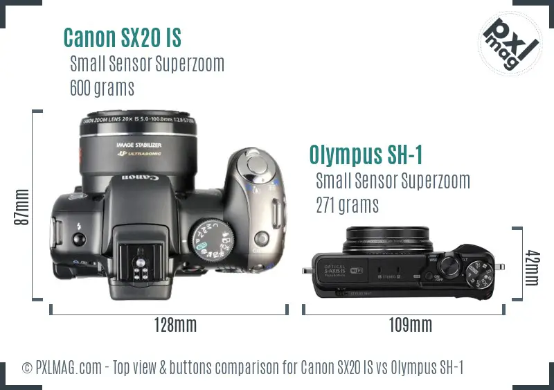 Canon SX20 IS vs Olympus SH-1 top view buttons comparison Canon SX20 IS vs Olympus SH-1 top view buttons comparison