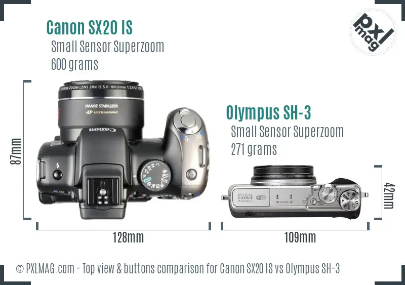 Canon SX20 IS vs Olympus SH-3 top view buttons comparison