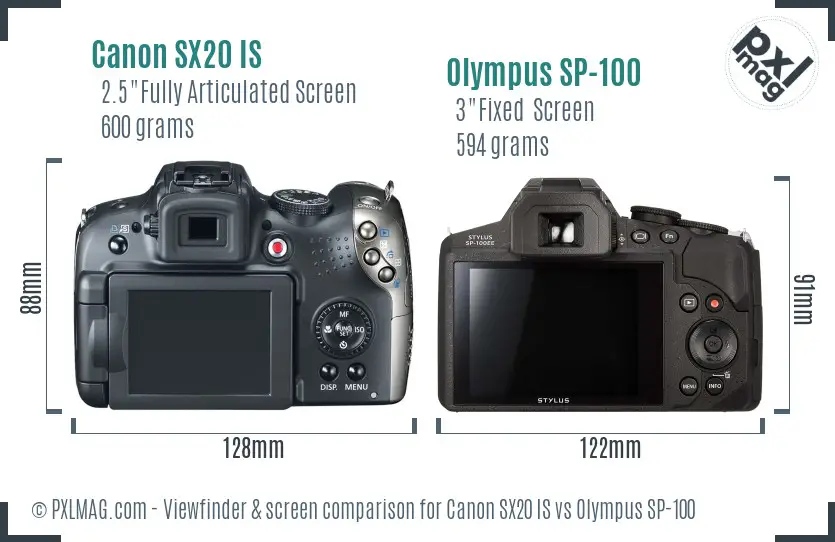 Canon SX20 IS vs Olympus SP-100 Screen and Viewfinder comparison