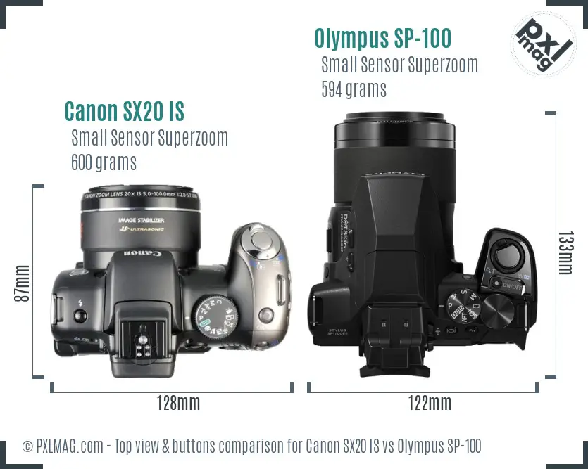 Canon SX20 IS vs Olympus SP-100 top view buttons comparison
