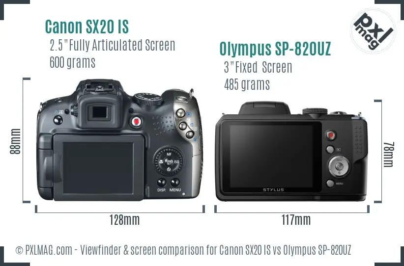 Canon SX20 IS vs Olympus SP-820UZ Screen and Viewfinder comparison