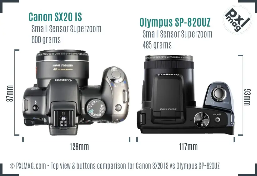 Canon SX20 IS vs Olympus SP-820UZ top view buttons comparison