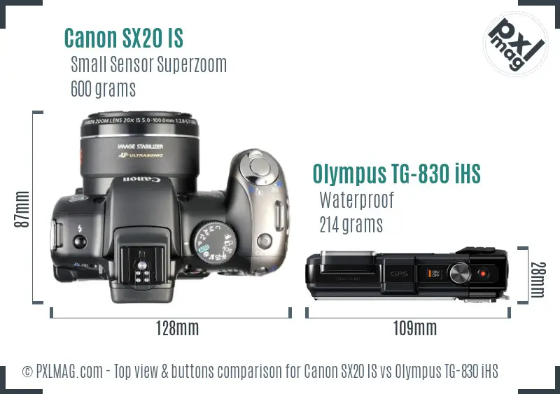 Canon SX20 IS vs Olympus TG-830 iHS top view buttons comparison
