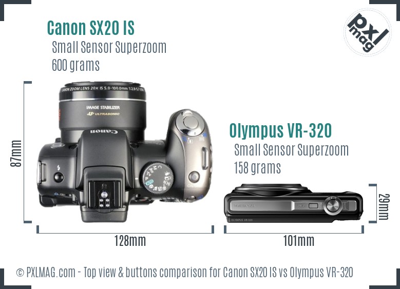 Canon SX20 IS vs Olympus VR-320 top view buttons comparison