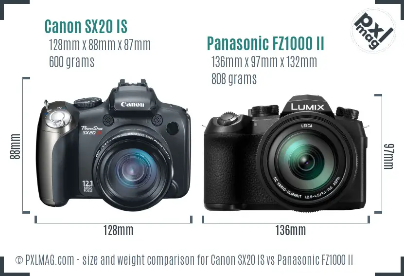 Canon SX20 IS vs Panasonic FZ1000 II size comparison