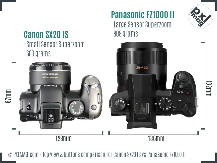 Canon SX20 IS vs Panasonic FZ1000 II top view buttons comparison