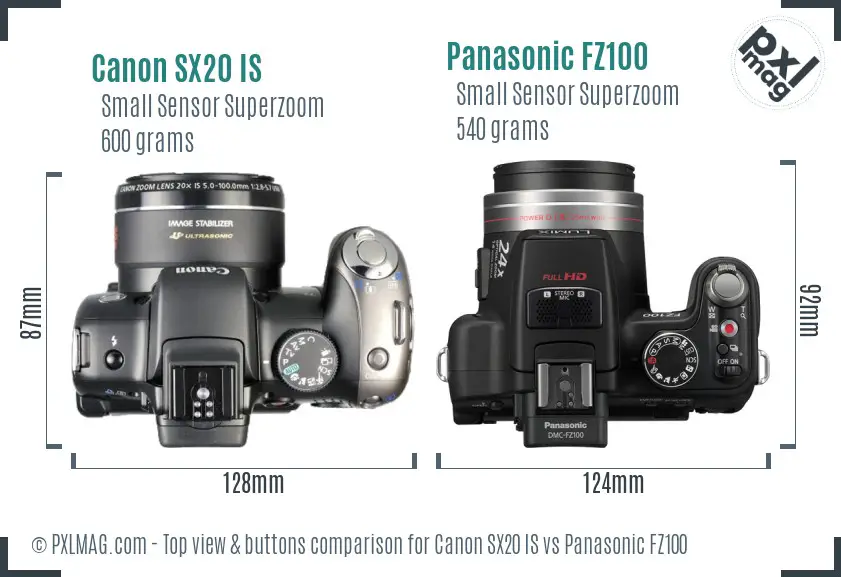 Canon SX20 IS vs Panasonic FZ100 top view buttons comparison