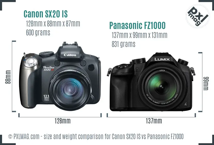 Canon SX20 IS vs Panasonic FZ1000 size comparison