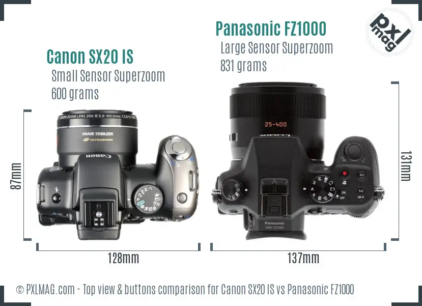 Canon SX20 IS vs Panasonic FZ1000 top view buttons comparison