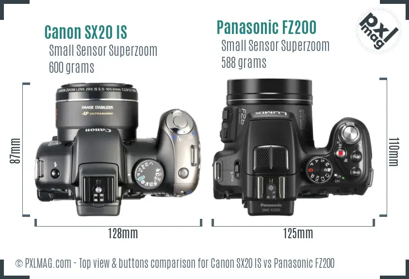 Canon SX20 IS vs Panasonic FZ200 top view buttons comparison