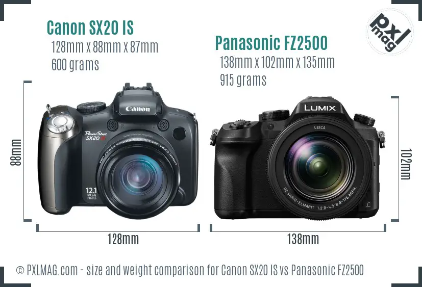 Canon SX20 IS vs Panasonic FZ2500 size comparison