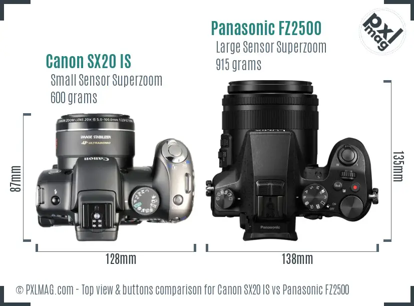 Canon SX20 IS vs Panasonic FZ2500 top view buttons comparison