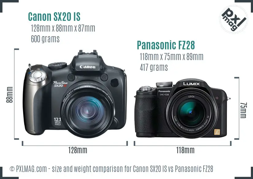 Canon SX20 IS vs Panasonic FZ28 size comparison