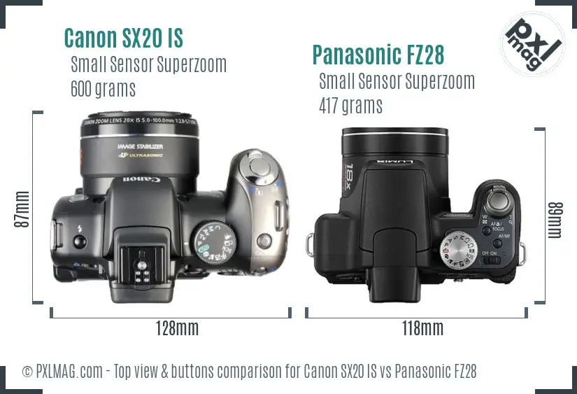 Canon SX20 IS vs Panasonic FZ28 top view buttons comparison