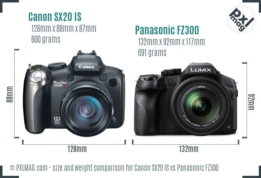 Canon SX20 IS vs Panasonic FZ300 size comparison