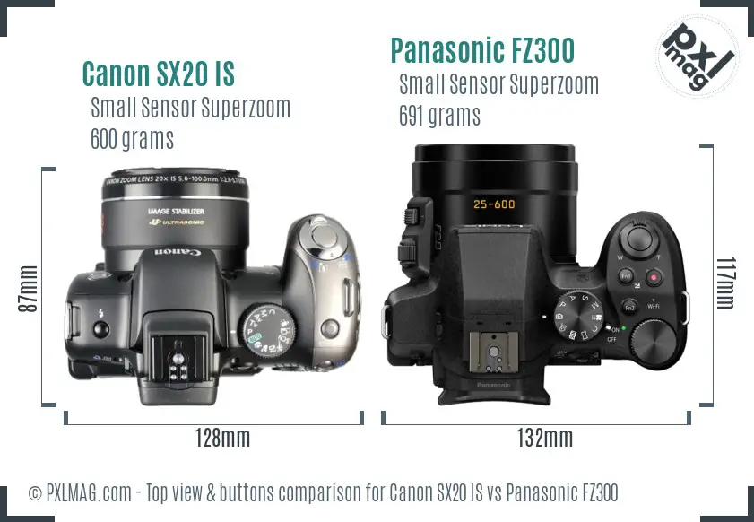 Canon SX20 IS vs Panasonic FZ300 top view buttons comparison