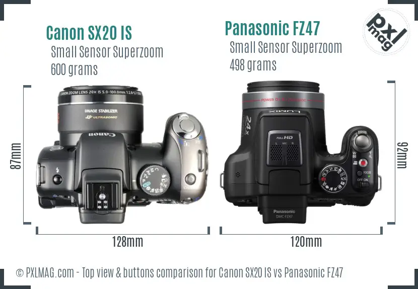 Canon SX20 IS vs Panasonic FZ47 top view buttons comparison Canon SX20 IS vs Panasonic FZ47 top view buttons comparison