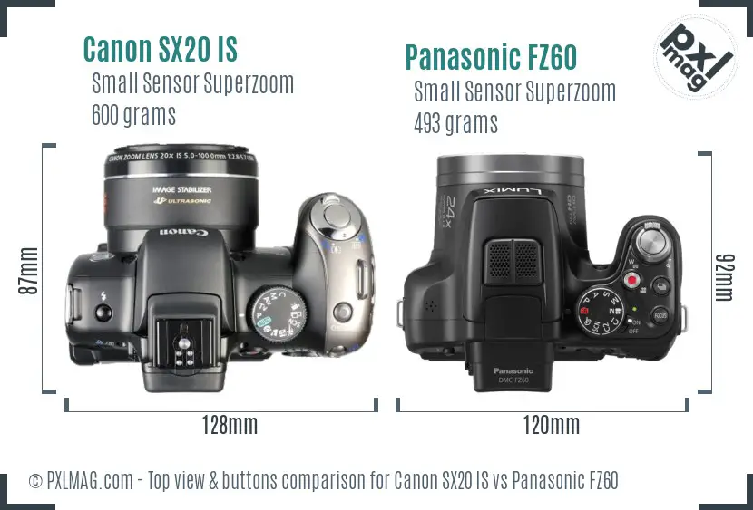 Canon SX20 IS vs Panasonic FZ60 top view buttons comparison Canon SX20 IS vs Panasonic FZ60 top view buttons comparison