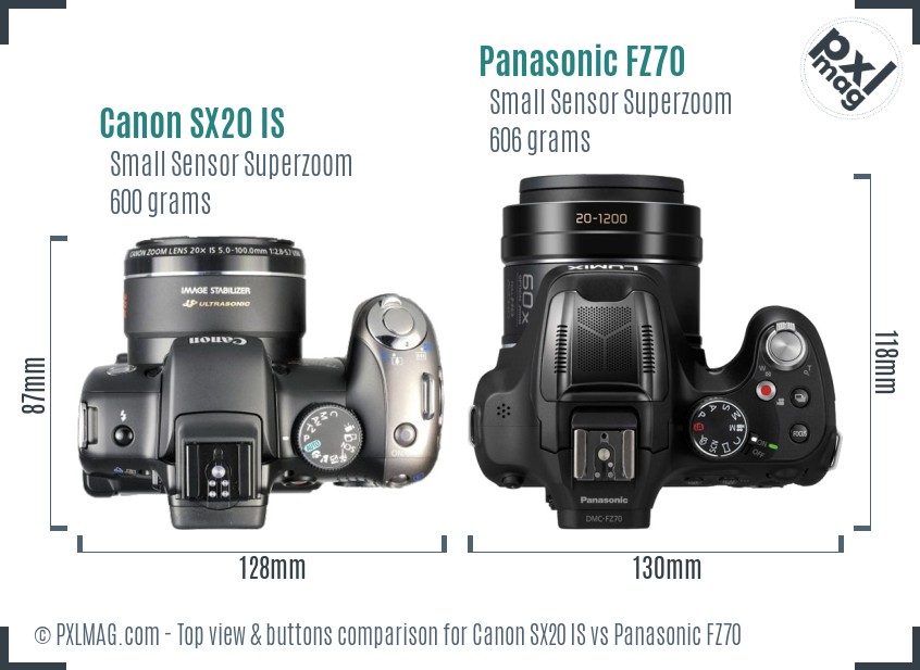 Canon SX20 IS vs Panasonic FZ70 top view buttons comparison