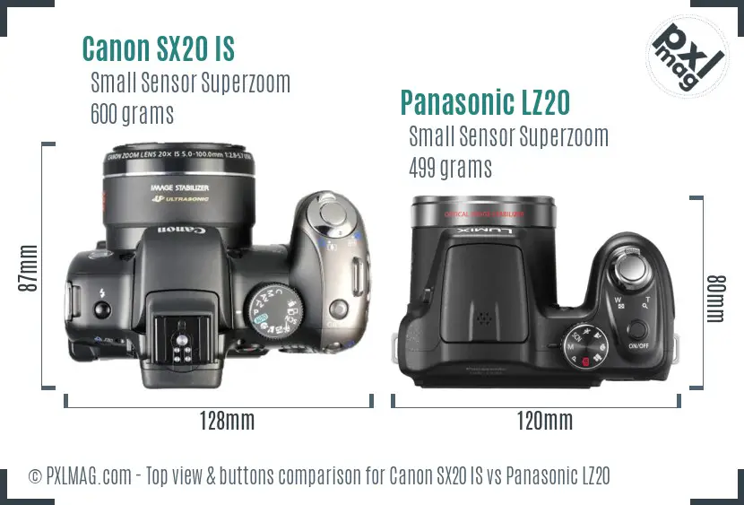 Canon SX20 IS vs Panasonic LZ20 top view buttons comparison