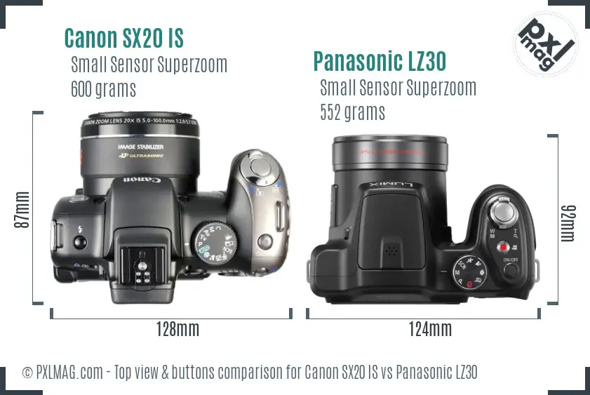 Canon SX20 IS vs Panasonic LZ30 top view buttons comparison Canon SX20 IS vs Panasonic LZ30 top view buttons comparison