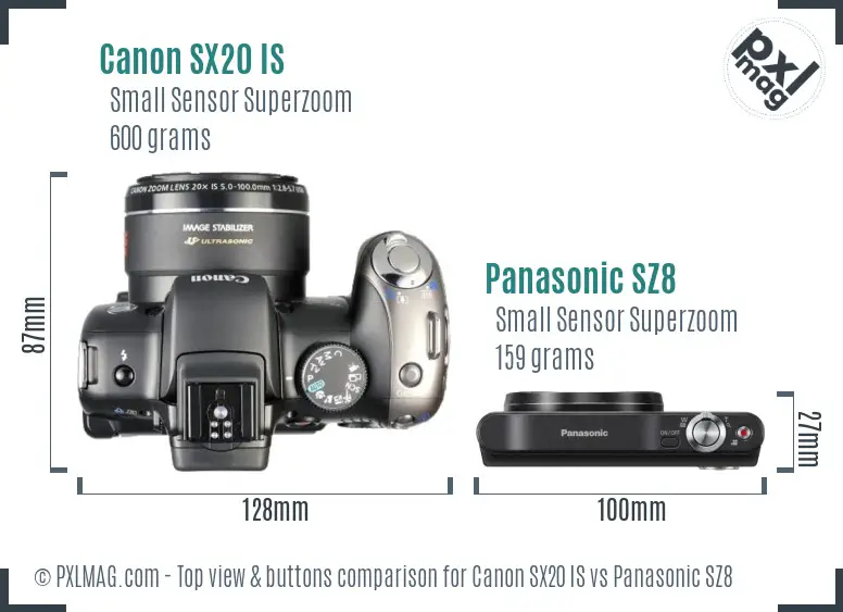 Canon SX20 IS vs Panasonic SZ8 top view buttons comparison