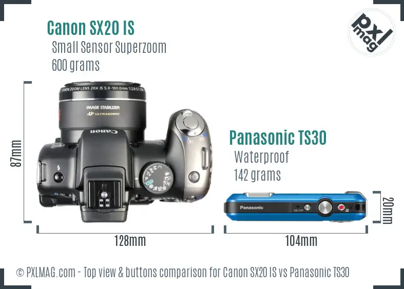 Canon SX20 IS vs Panasonic TS30 top view buttons comparison