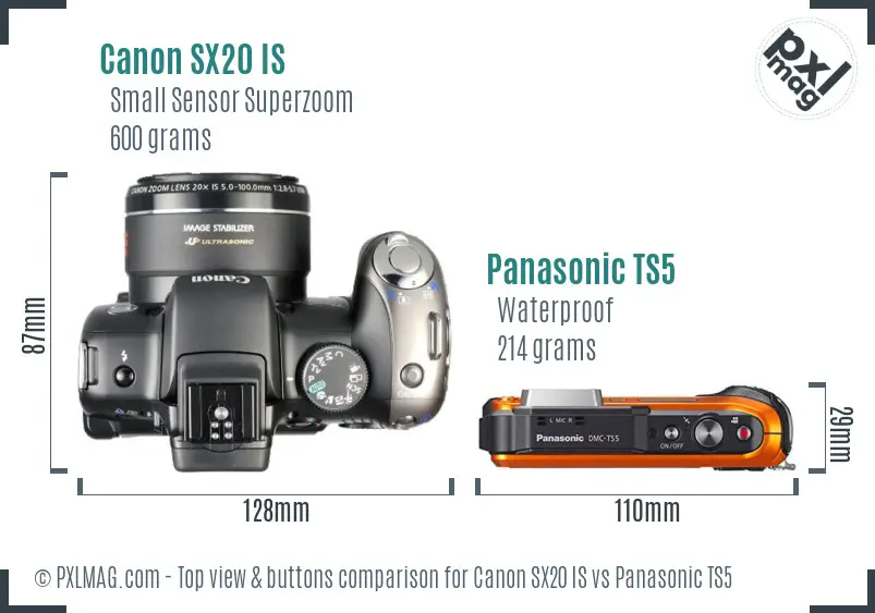 Canon SX20 IS vs Panasonic TS5 top view buttons comparison