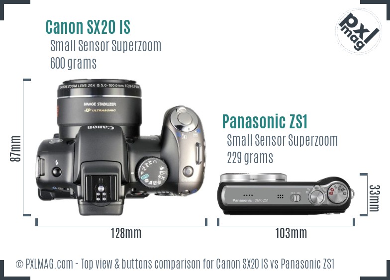 Canon SX20 IS vs Panasonic ZS1 top view buttons comparison