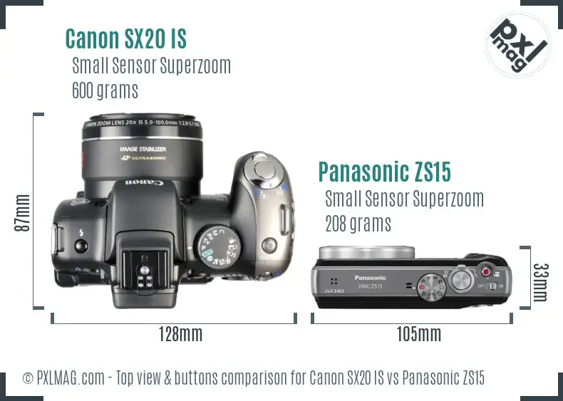 Canon SX20 IS vs Panasonic ZS15 top view buttons comparison Canon SX20 IS vs Panasonic ZS15 top view buttons comparison