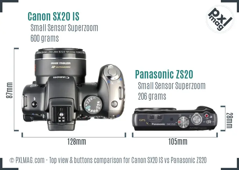 Canon SX20 IS vs Panasonic ZS20 top view buttons comparison