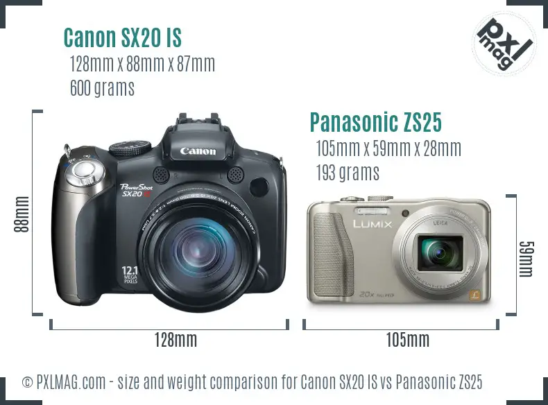 Canon SX20 IS vs Panasonic ZS25 size comparison Canon SX20 IS vs Panasonic ZS25 size comparison
