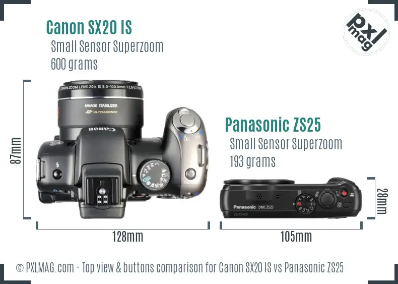 Canon SX20 IS vs Panasonic ZS25 top view buttons comparison Canon SX20 IS vs Panasonic ZS25 top view buttons comparison