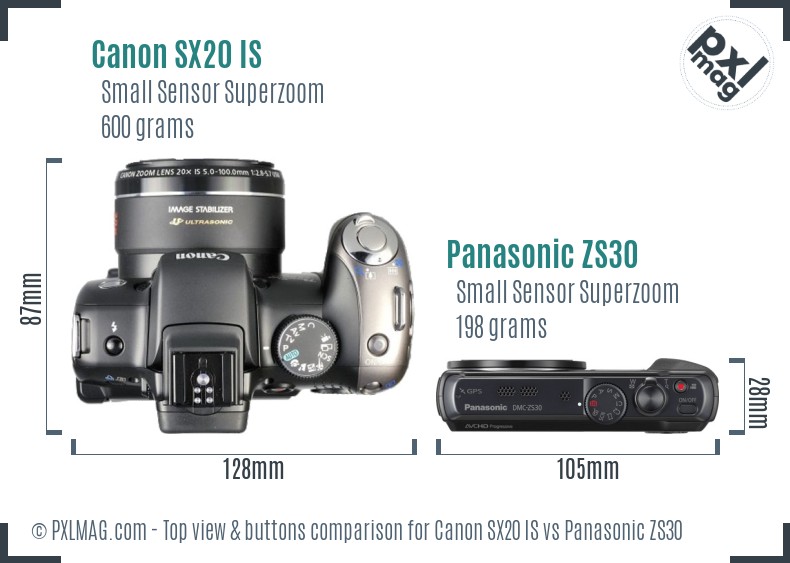 Canon SX20 IS vs Panasonic ZS30 top view buttons comparison