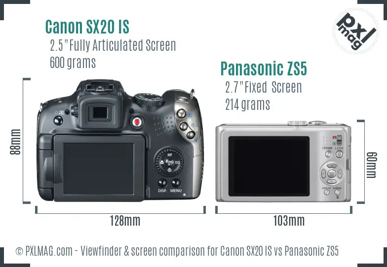 Canon SX20 IS vs Panasonic ZS5 Screen and Viewfinder comparison