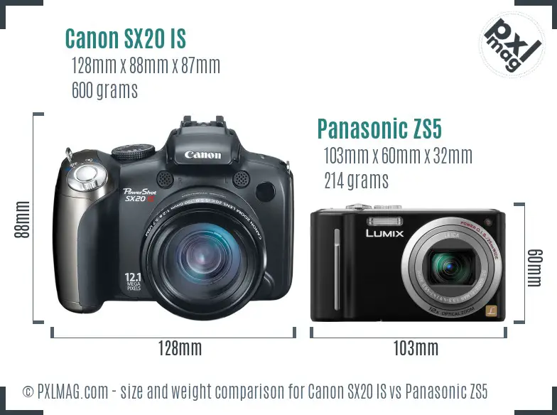 Canon SX20 IS vs Panasonic ZS5 size comparison