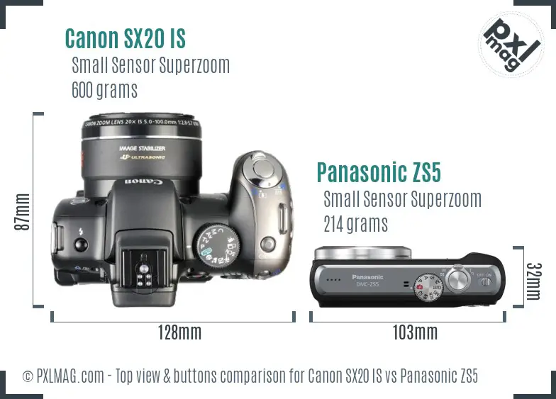 Canon SX20 IS vs Panasonic ZS5 top view buttons comparison