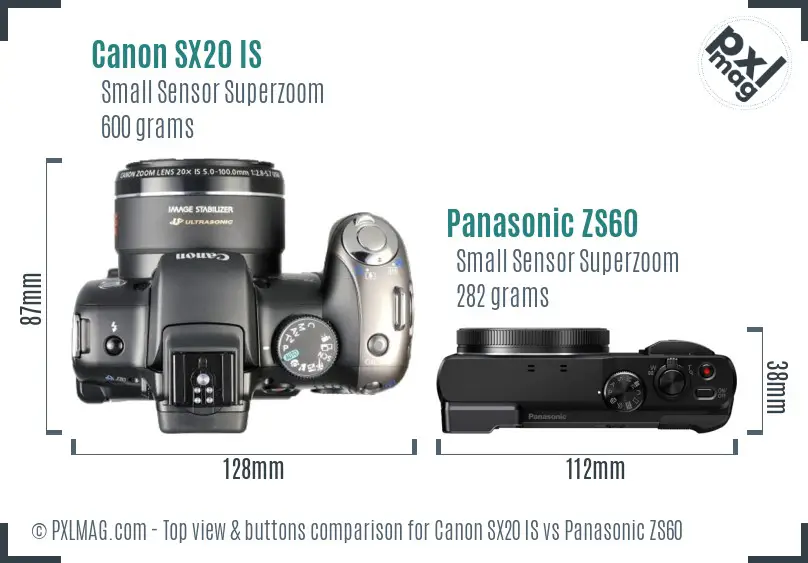 Canon SX20 IS vs Panasonic ZS60 top view buttons comparison