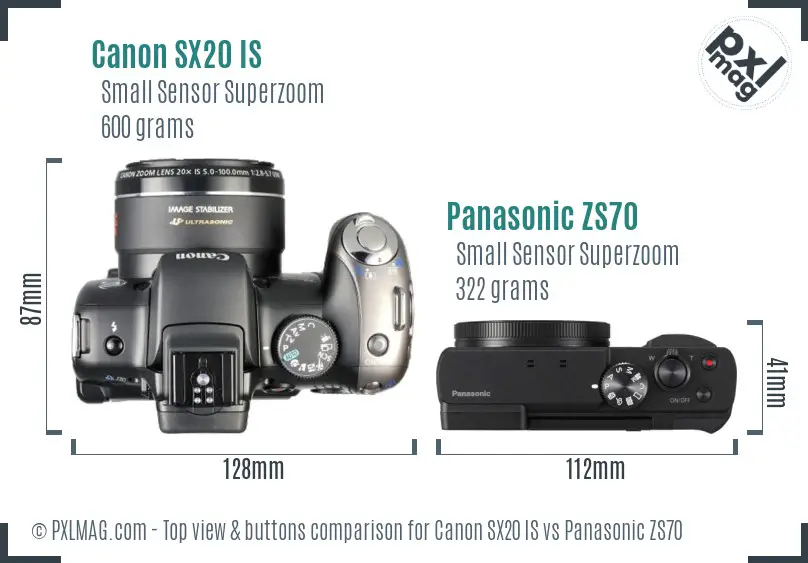 Canon SX20 IS vs Panasonic ZS70 top view buttons comparison