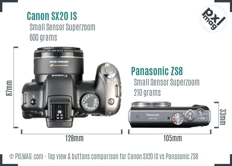 Canon SX20 IS vs Panasonic ZS8 top view buttons comparison