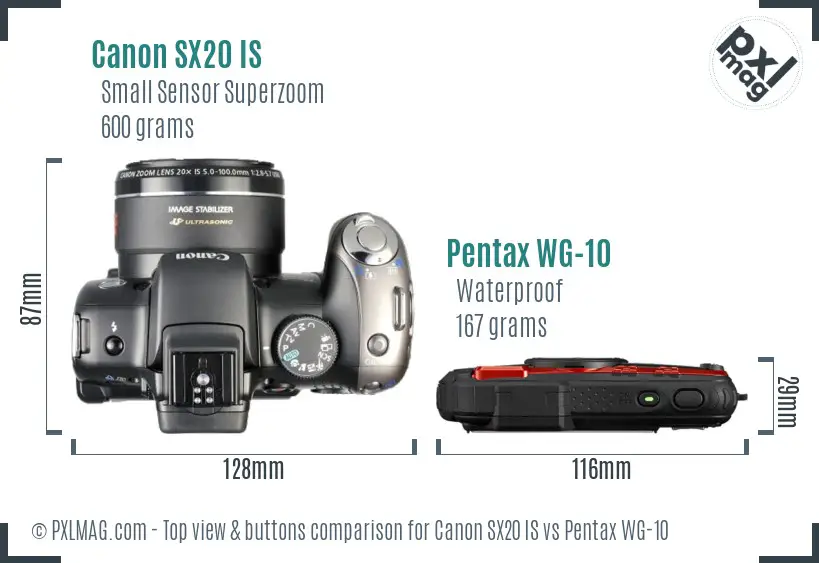 Canon SX20 IS vs Pentax WG-10 top view buttons comparison