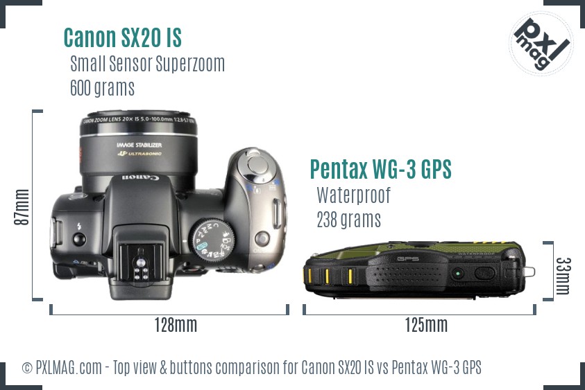 Canon SX20 IS vs Pentax WG-3 GPS top view buttons comparison