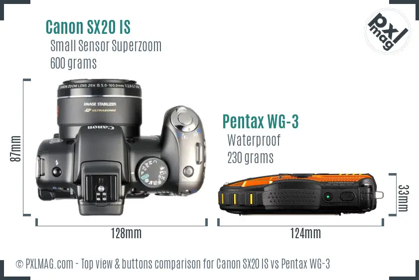 Canon SX20 IS vs Pentax WG-3 top view buttons comparison