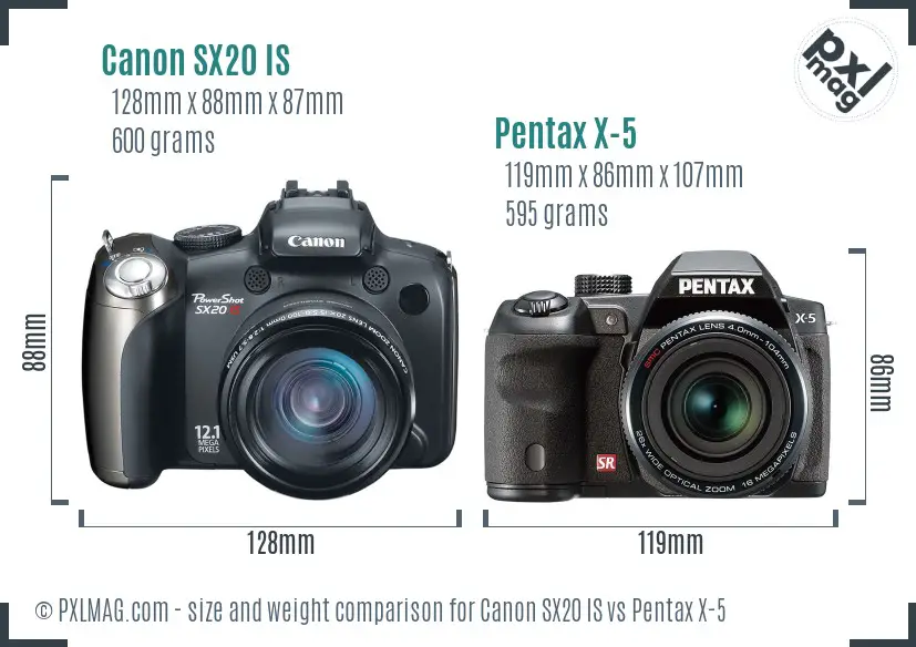 Canon SX20 IS vs Pentax X-5 size comparison