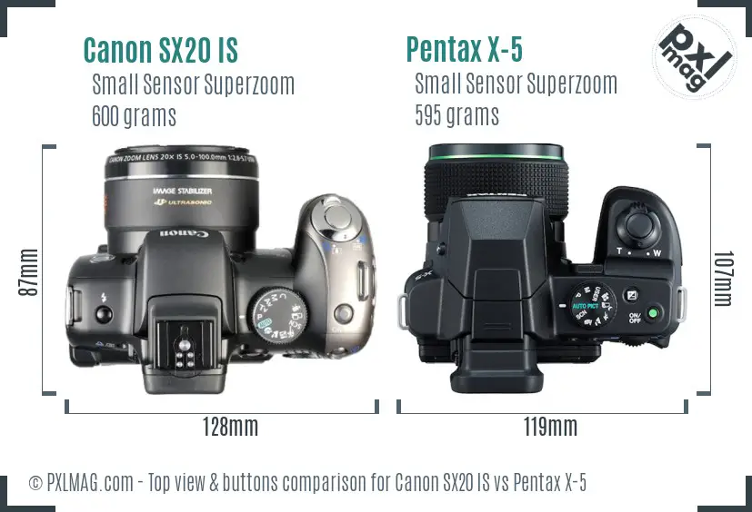 Canon SX20 IS vs Pentax X-5 top view buttons comparison